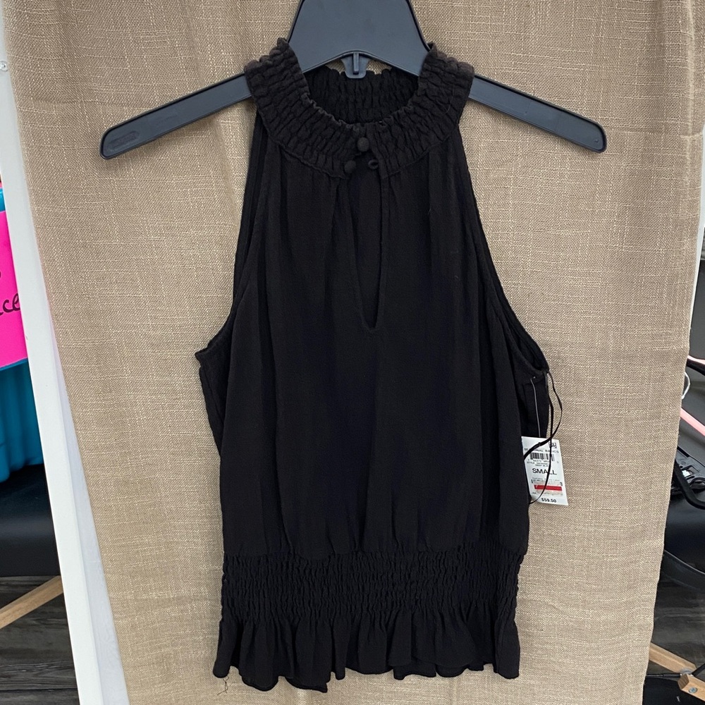 INC International Concepts Black Smocked Halter Tank